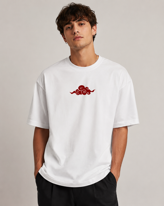Front view of a white T-shirt featuring the phrase ‘FALL SEVEN TIMES, RISE EIGHT’ and a red silhouette of a warrior holding a sword and rifle-like weapon.