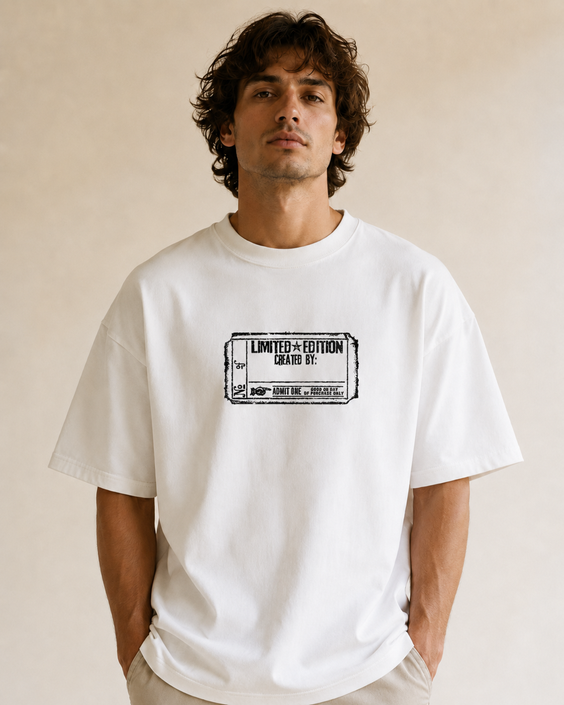 Front view of a white T-shirt with large green graffiti-style text reading ‘NO! RISK NO! STORY!’