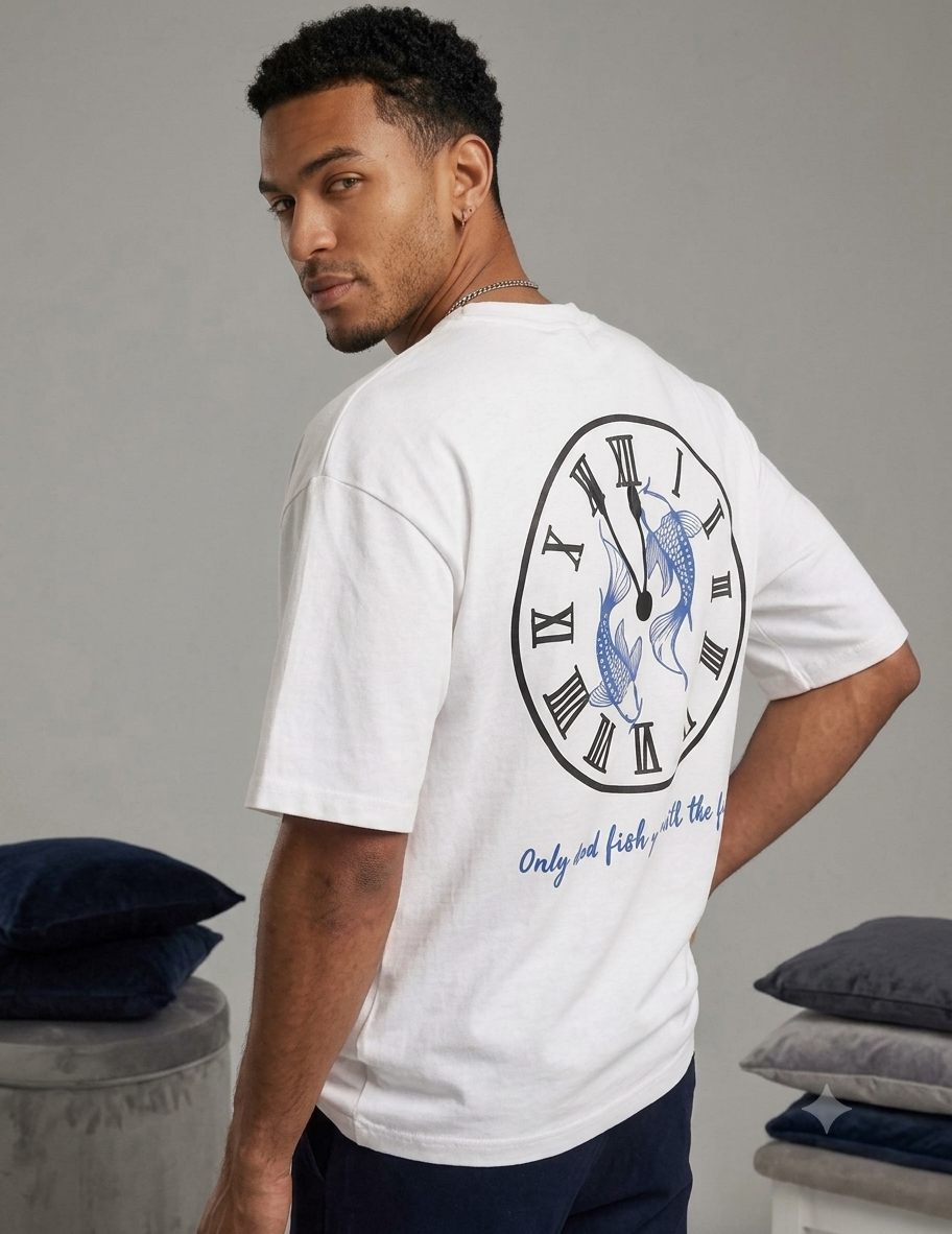Back view of a white T-shirt featuring a circular clock with Roman numerals, two koi fish inside the clock, and the text “Only dead fish go with the flow.